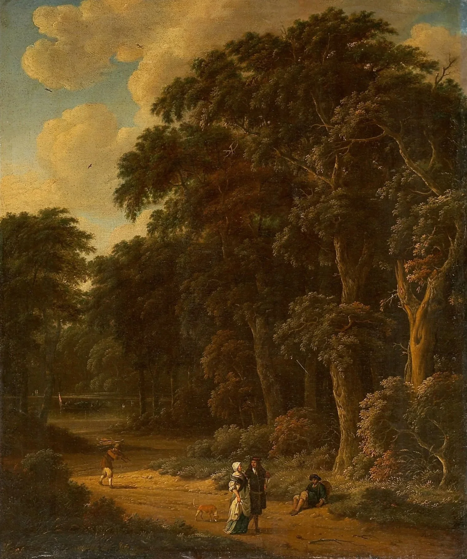A landscape painting of a wooded area with tall trees, clouds in the sky, and three people in the foreground. Two are standing near each other, while one is sitting on the ground. There is also a dog and a person walking in the background.
