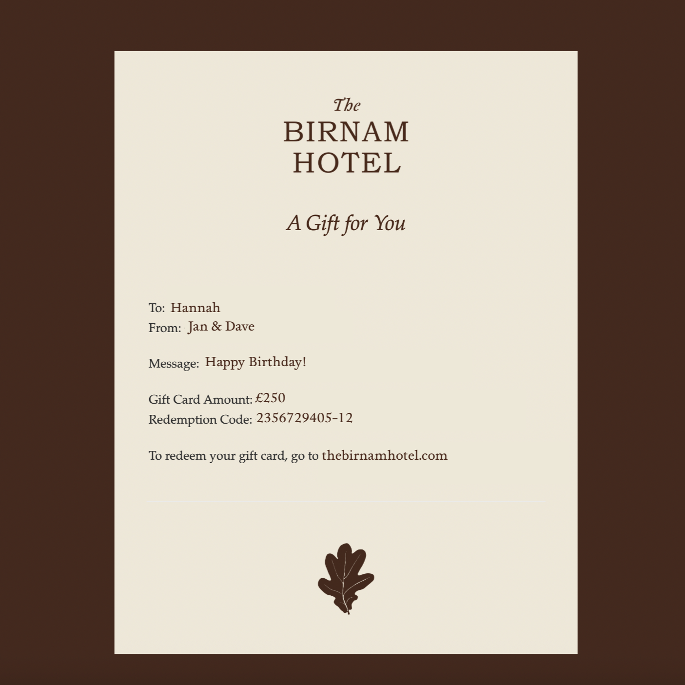 Gift card for The Birnam Hotel with a beige background, brown text, and a leaf illustration at the bottom.