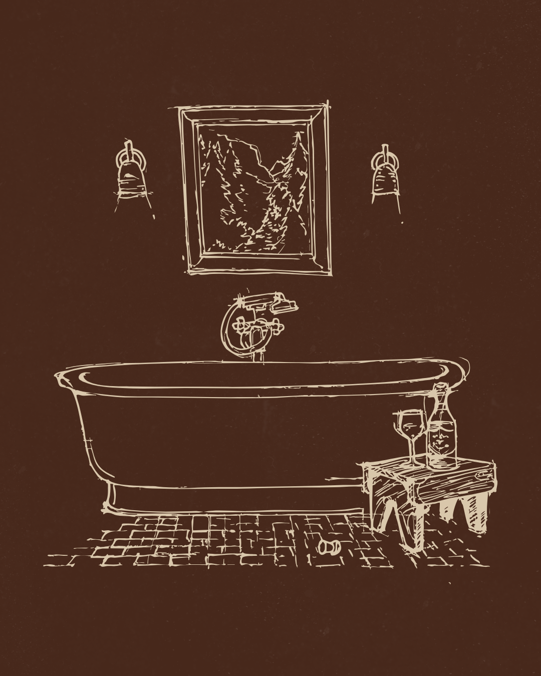 Line drawing of a vintage bathtub with a faucet, a small side table holding a wine glass and bottle, a framed mountain scene on the wall, and two hanging lights.
