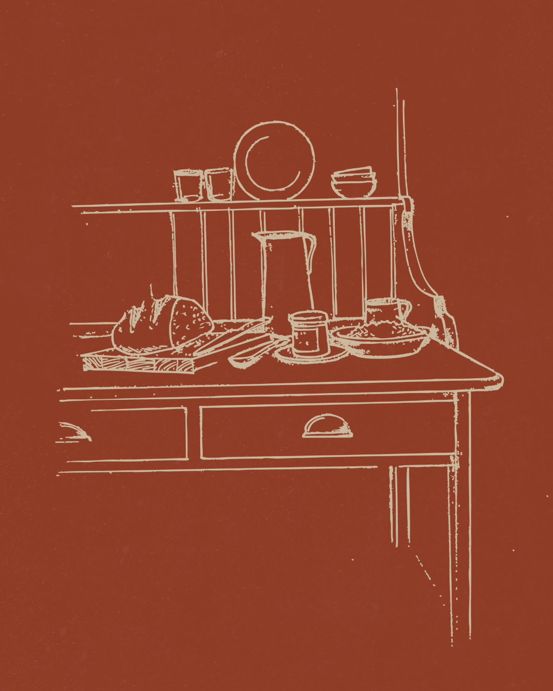 Line drawing of a kitchen countertop with a loaf of bread, a jar, a spoon, a bowl, a pitcher, and dishes on a shelf above, on a reddish background.