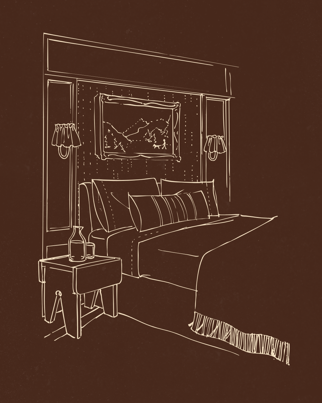 A line drawing of a bedroom scene featuring a bed with pillows, a nightstand with a vase, wall-mounted lamps on either side of a landscape painting, and curtains on either side of the window, all depicted in a minimalist style.