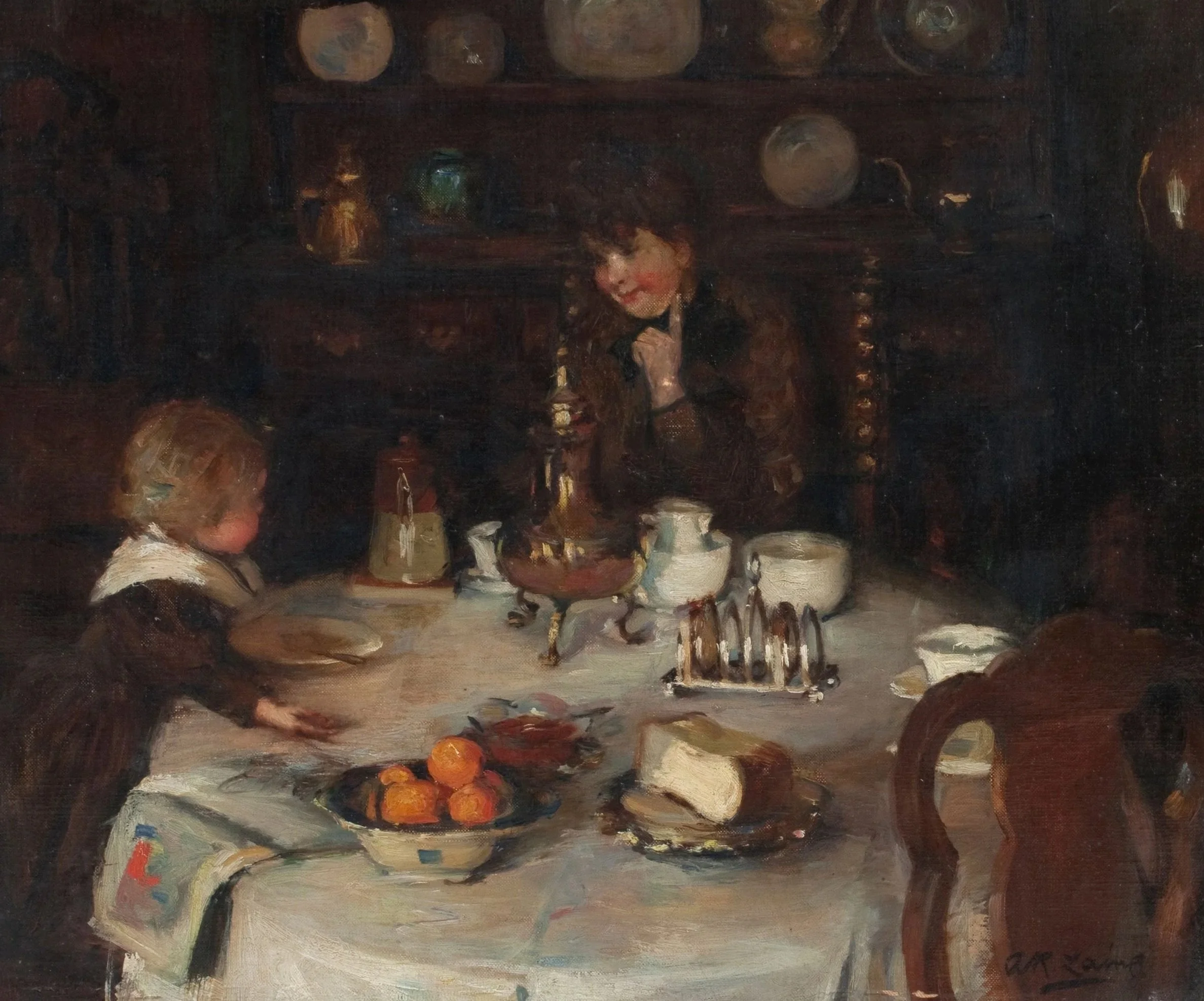 A painting of a woman and a young girl at a dining table with bowls, fruit, and a slipper.