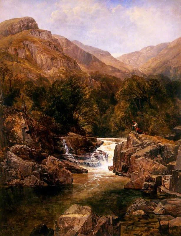A landscape painting of a mountain valley with a river flowing over rocks, surrounded by trees and steep cliffs, under a cloudy sky. A person is sitting on a rock near the river.