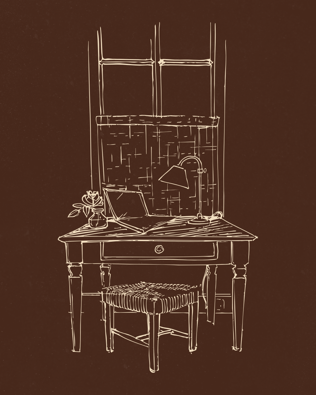 Line drawing of a desk with a small plant, a lamp, and an open book, positioned in front of a window with a tiled wall background.
