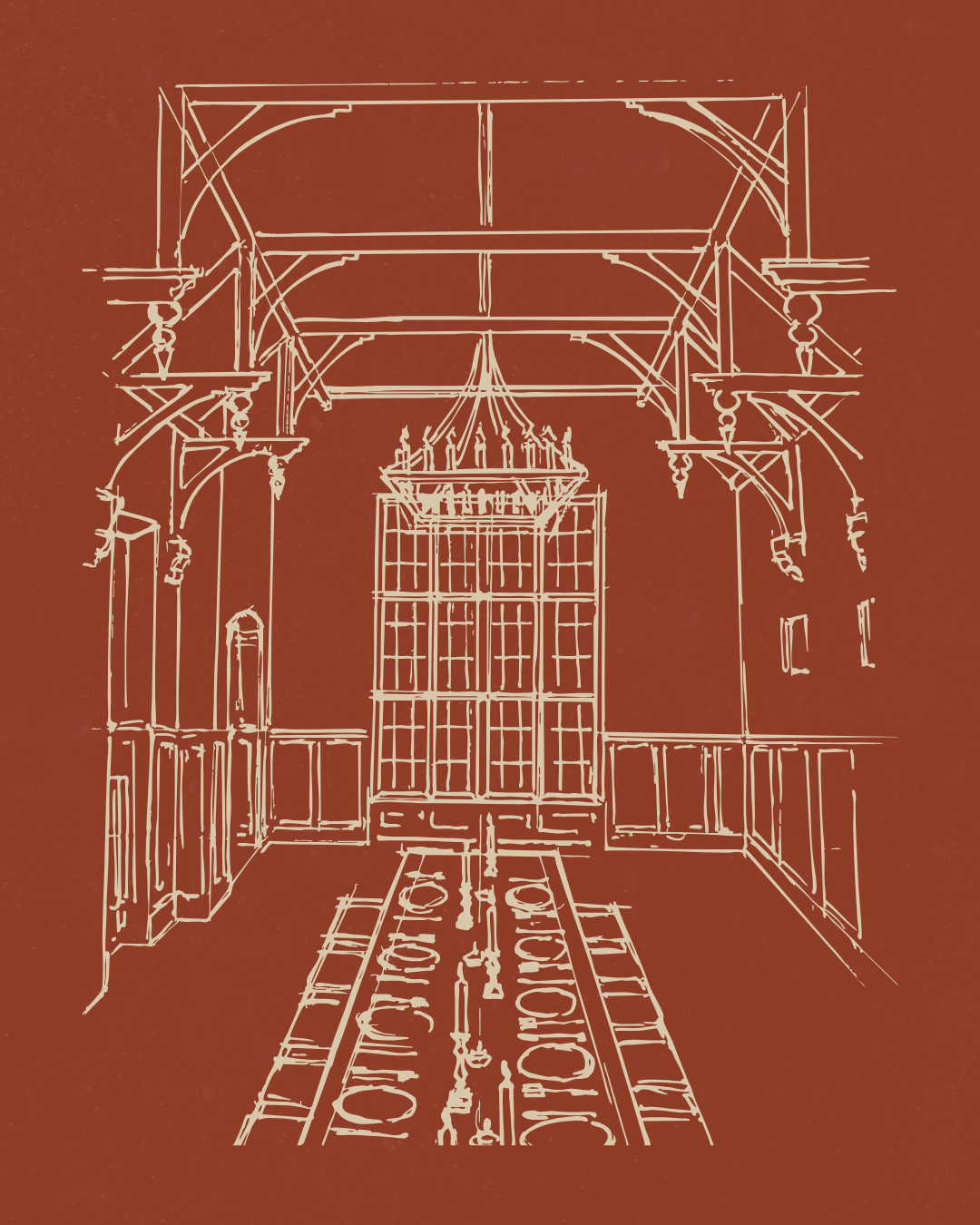 Line drawing of an ornate chandelier hanging from a high ceiling, with a large window with multiple panes in the background, ornate wood paneling on the walls, and a decorative rug on the floor.