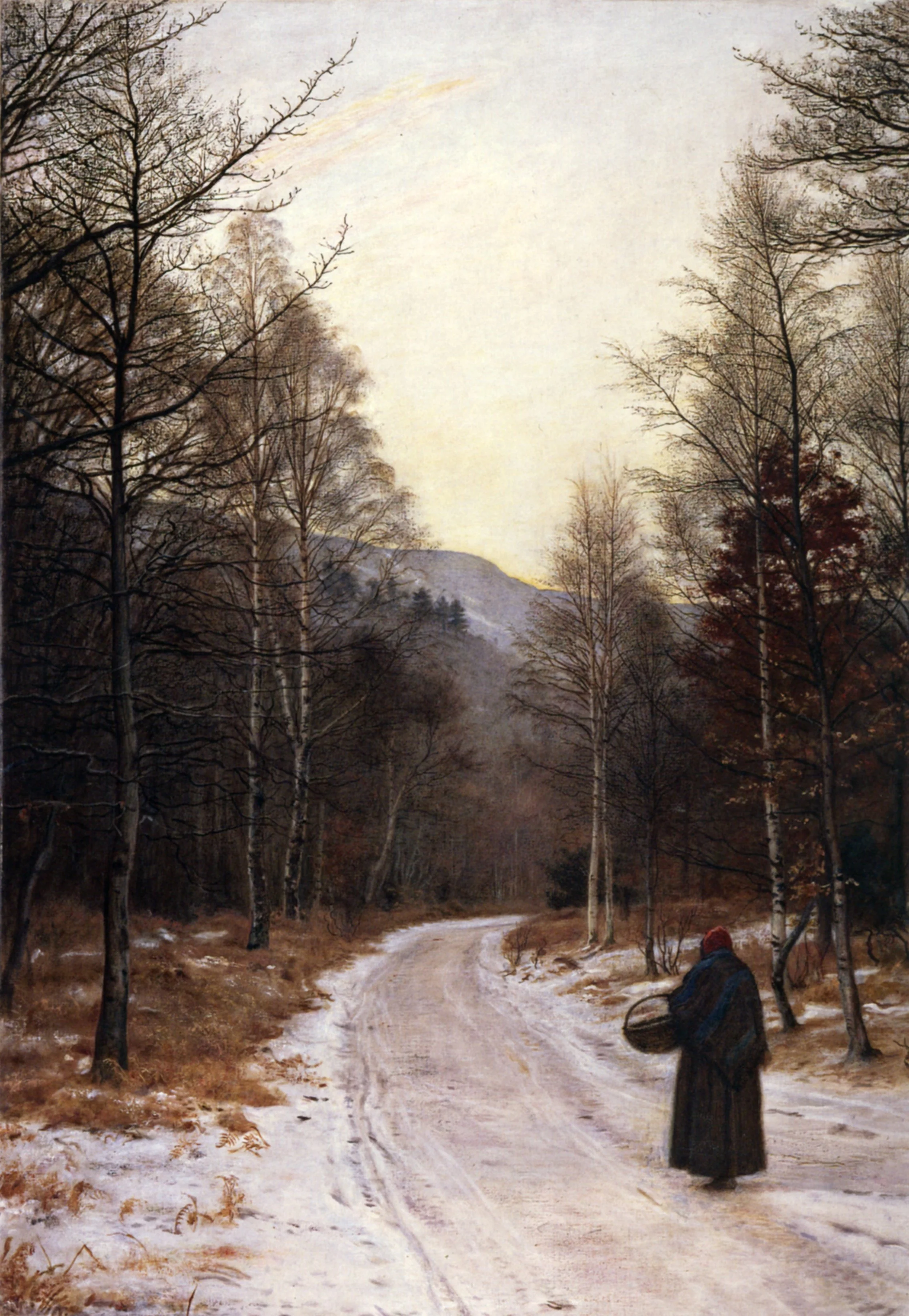 A winter landscape painting depicting a dirt road winding through a forest of mostly leafless trees, with snow on the ground and mountains in the background. A woman dressed in dark clothing and a red hat is walking along the road carrying a basket.