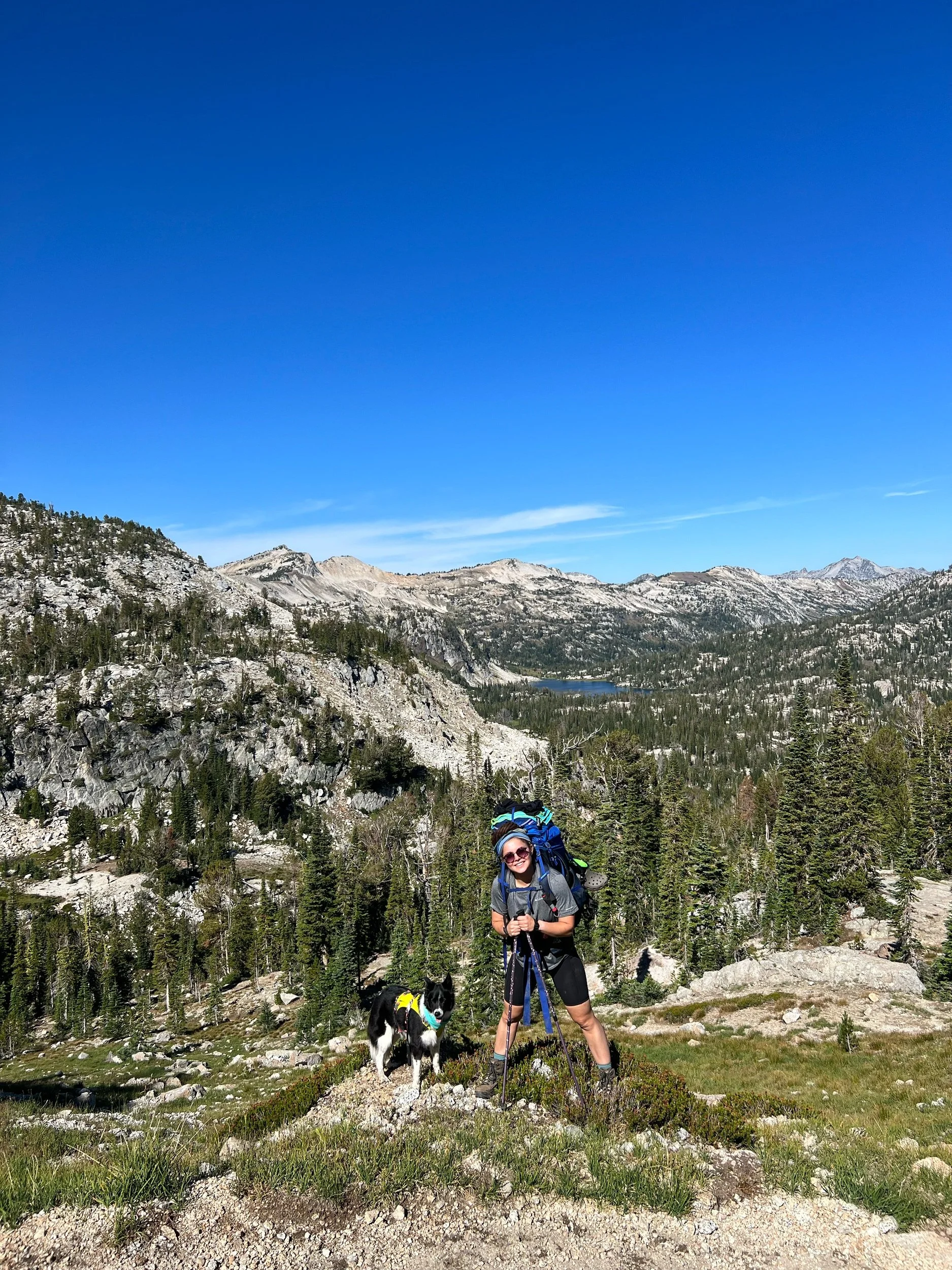 A woman and her dog hiking in a mountainous area with trees and a lake in the background on a sunny day.