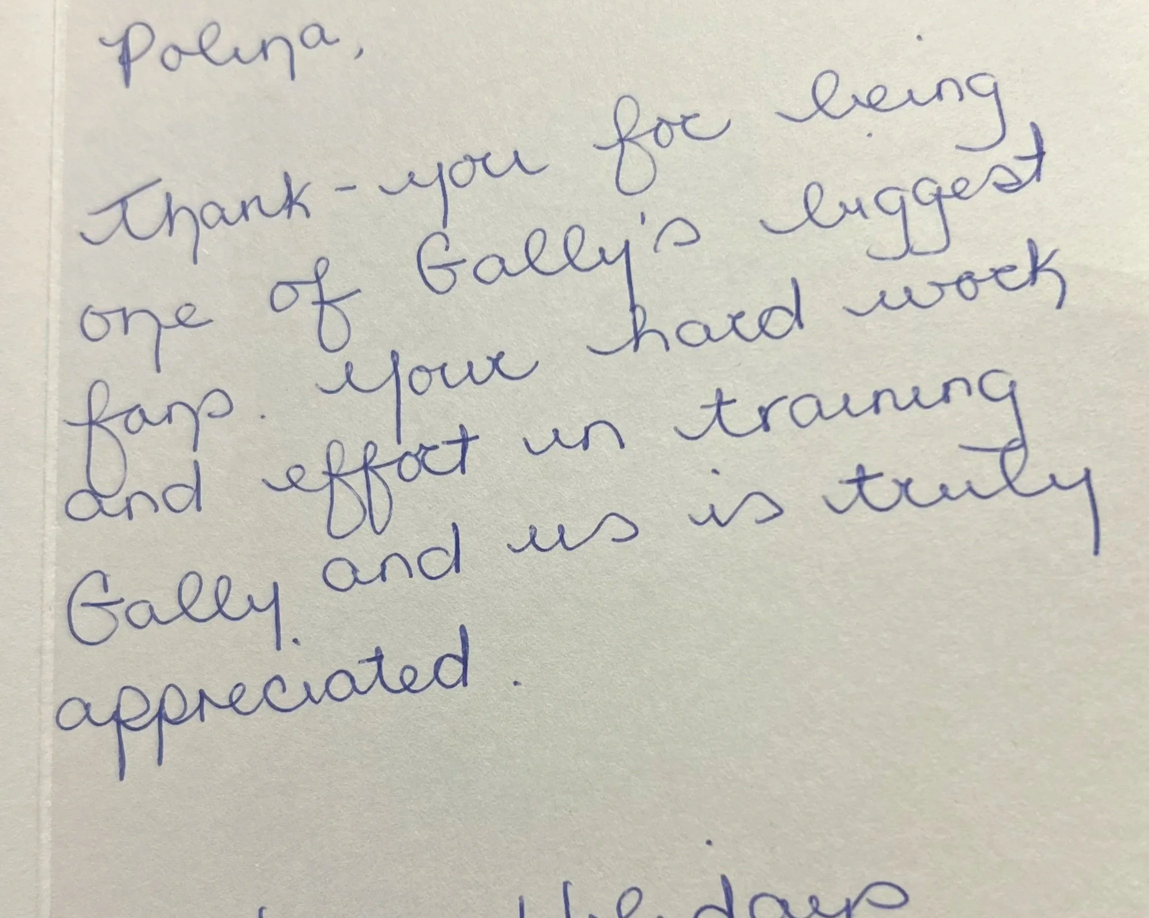 A handwritten thank-you note expressing appreciation for the hard work and effort in training