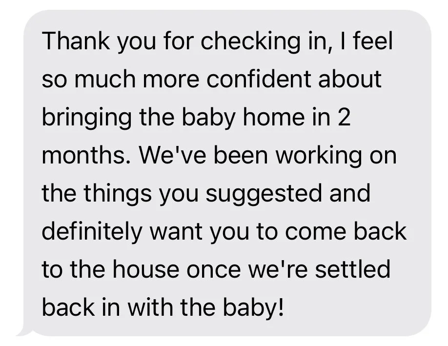Text message discussing gratitude for check-in, confidence about bringing the baby home in 2 months, working on suggested items, and plans to return after settling with the baby.