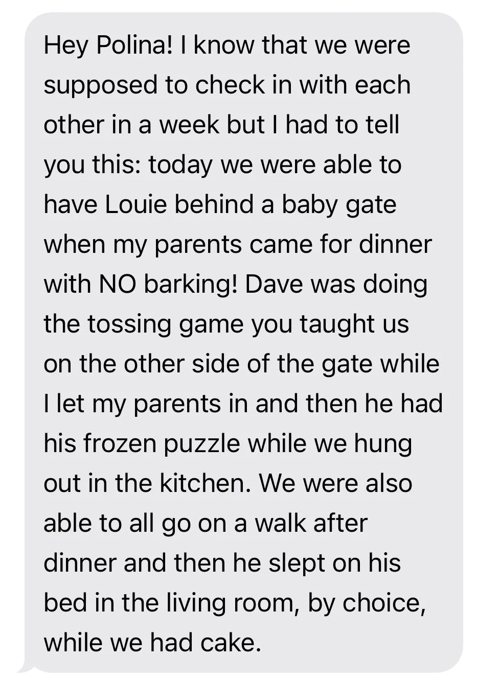 Text message on a phone screen describing a family story about a dog named Louie, a baby gate, no barking, a frozen puzzle, and a walk in the kitchen and living room.
