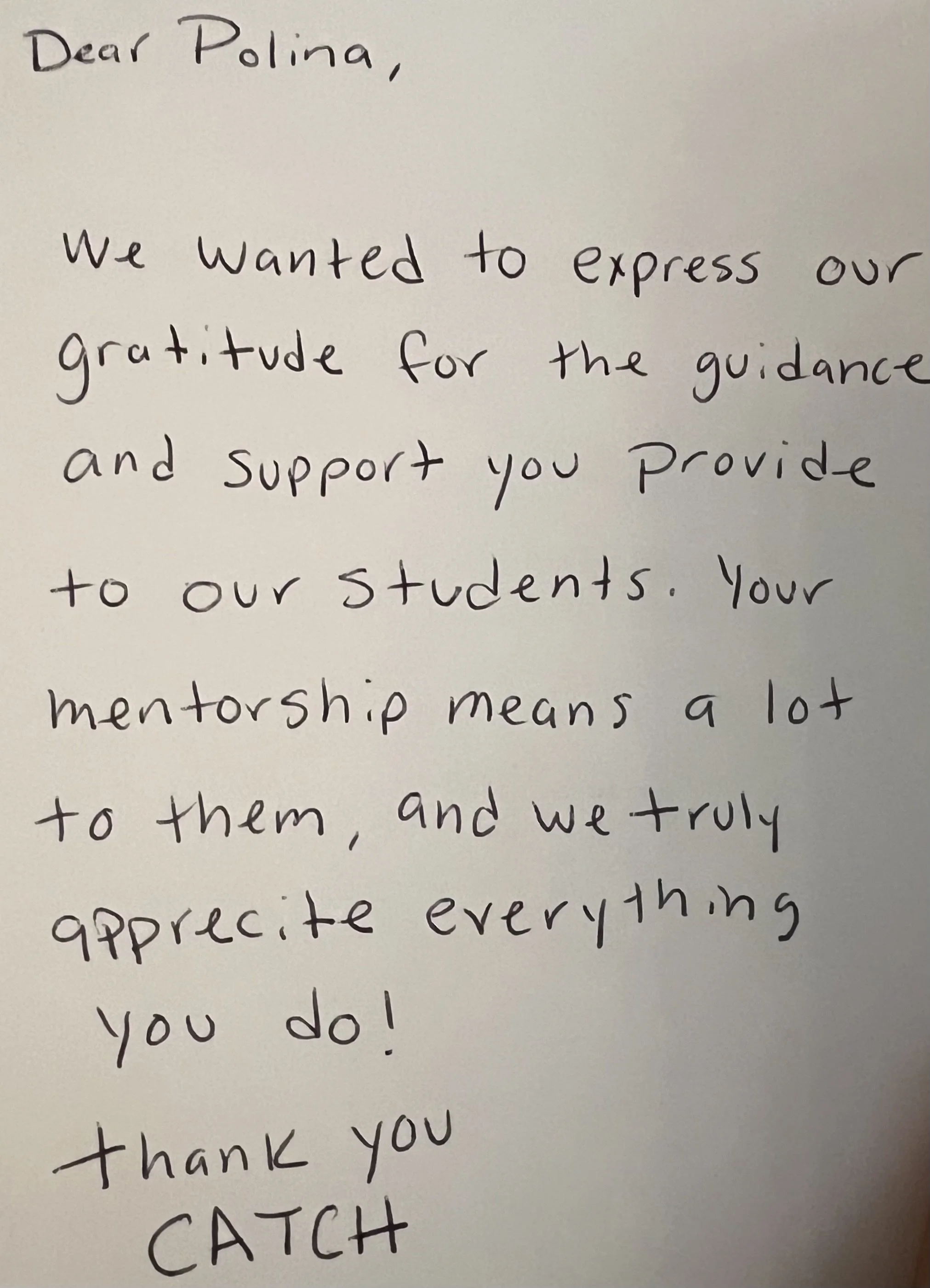 Handwritten thank you note on a white piece of paper expressing gratitude for guidance and support, signed by CATCH.
