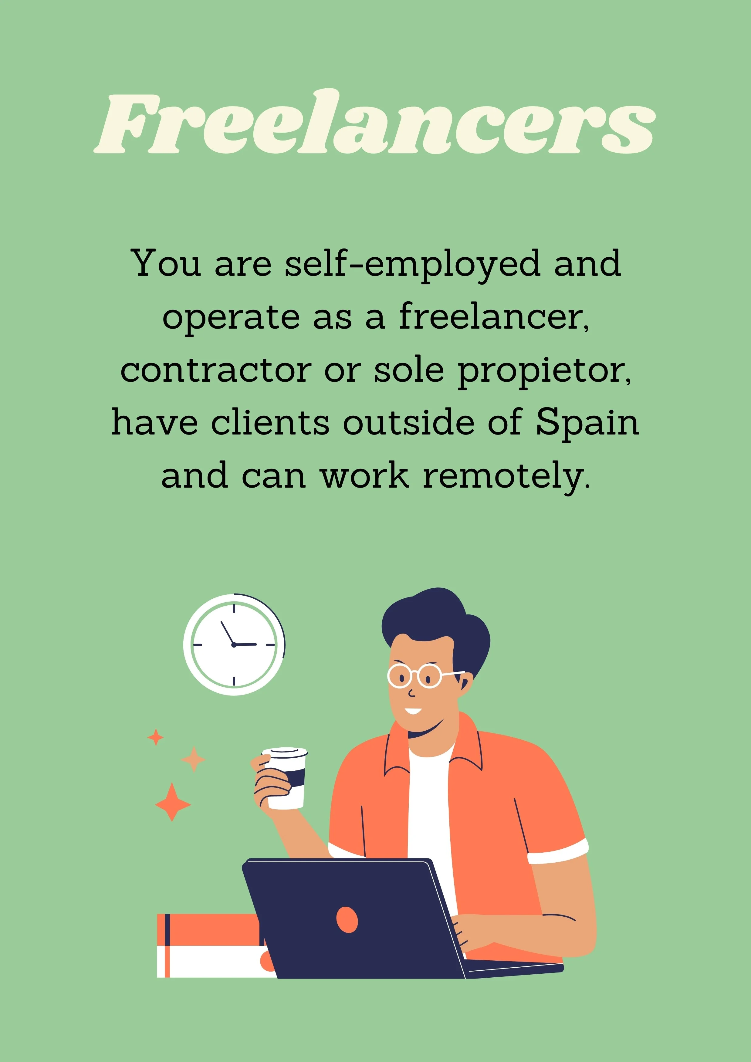 A digital illustration with text about freelancers. It features a man with glasses working on a laptop, holding a coffee cup. The background is light green and includes a clock and decorative stars.