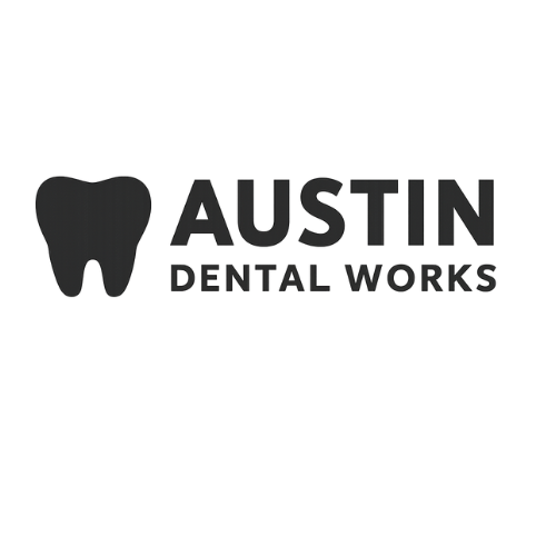 Logo for Austin Dental Works featuring a black tooth icon and bold black text reading 'I ♥ Austin Dental Works'.