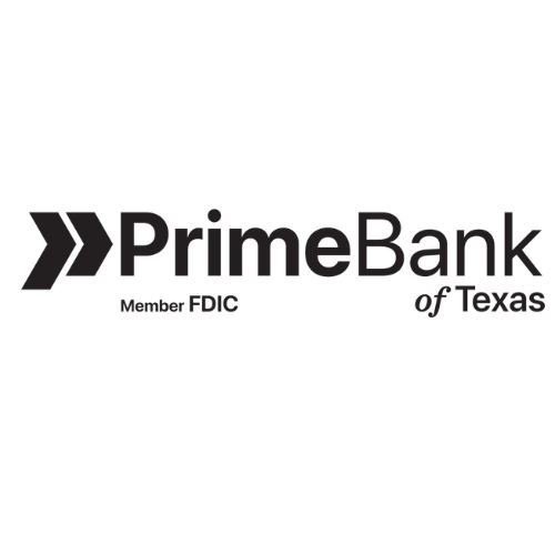 PrimeBank of Texas logo with text and arrows, black and gray color scheme.