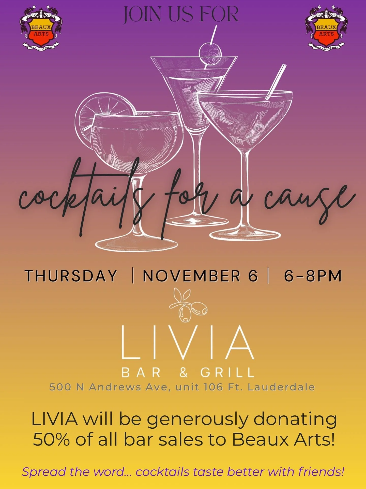 Let&rsquo;s have some cocktails for a cause on November 6th. LIVIA (@liviabarandgrillftl) is generously donating 50% of all bar sales from 6-8pm to Beaux Arts. Don&rsquo;t miss this amazing event!
Catch up soon,
Cathy x
-
-
-
#cocktailsforacause #liv
