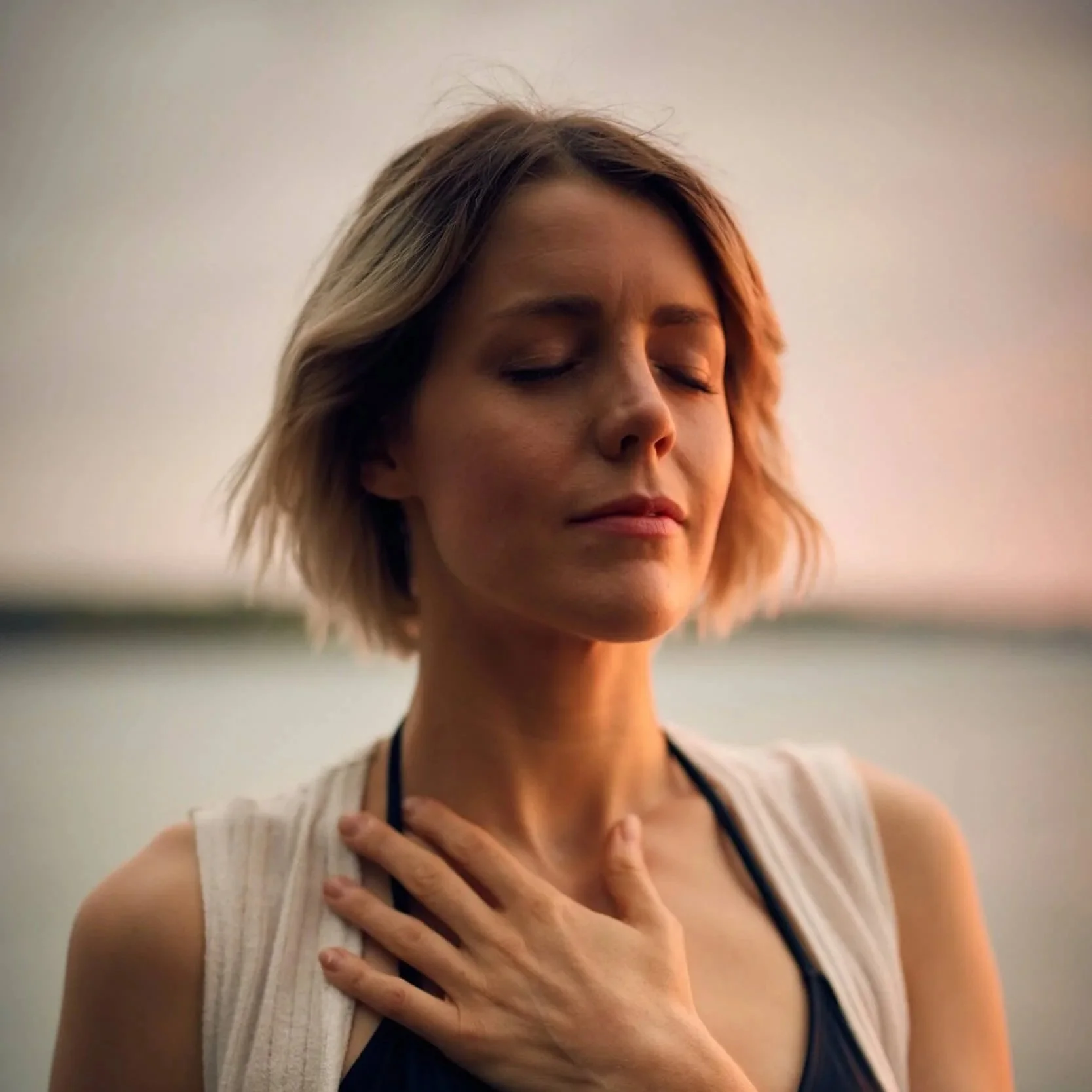 An anxious adult taking a deep breath in therapy.