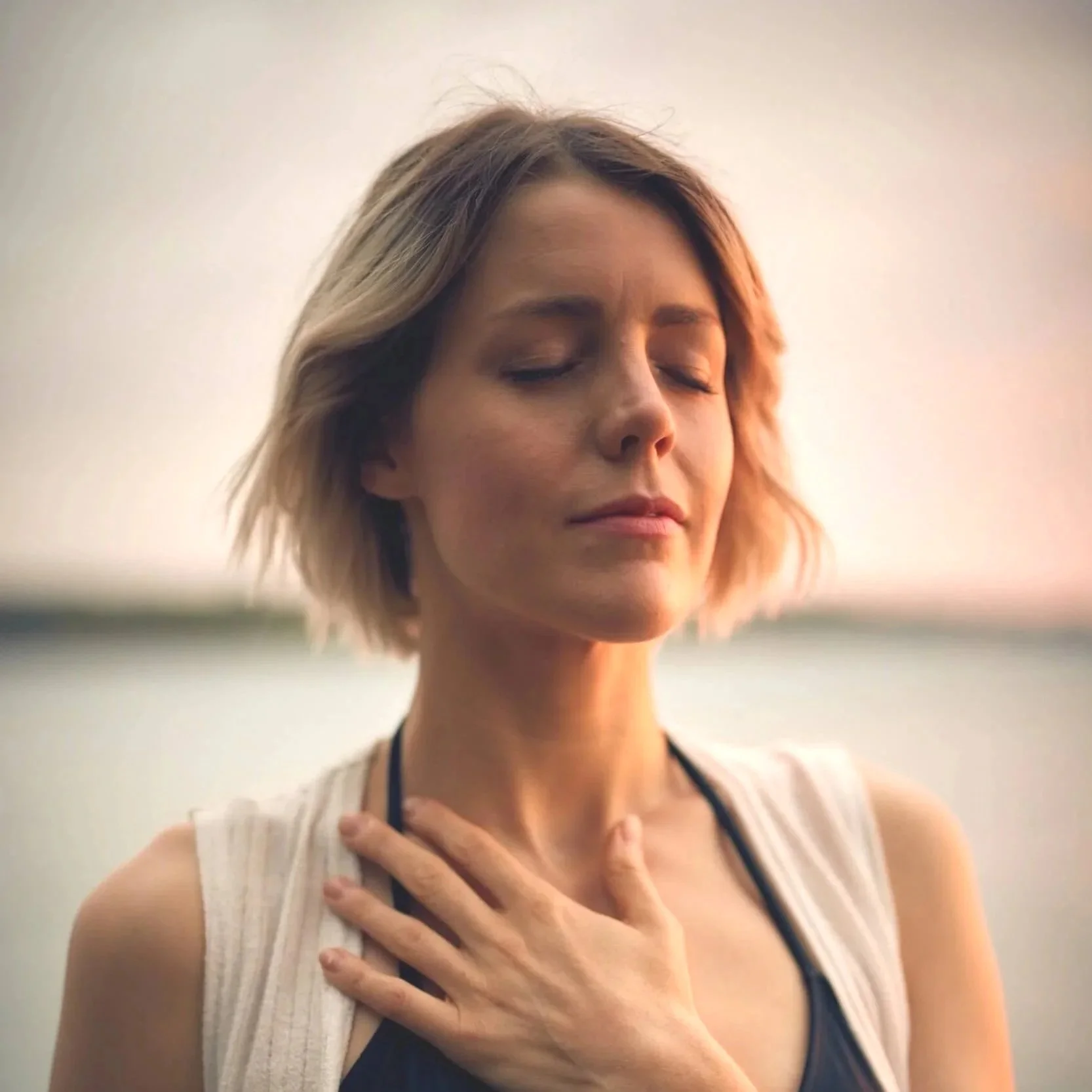 An anxious adult taking a deep breath in therapy. 