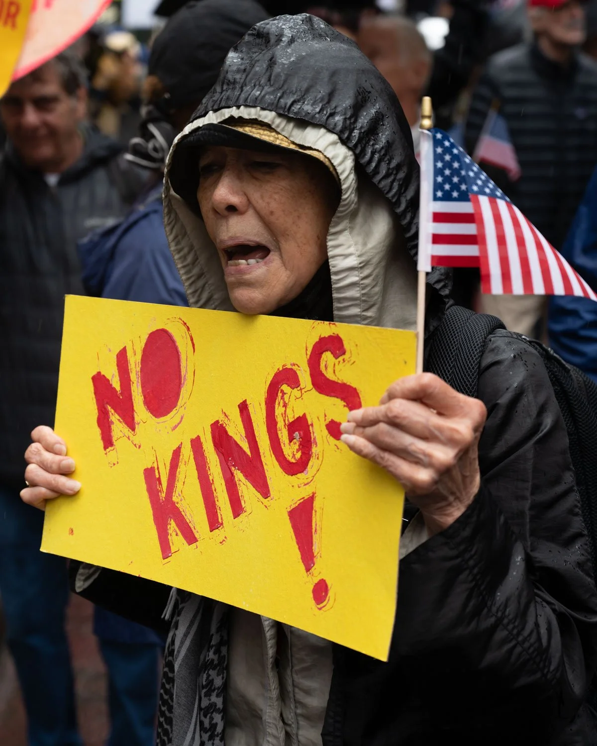 A protester chants with the crowd during NYC's "No Kings" protest, as a part of a national effort, in downtown Manhattan on June 14, 2025.