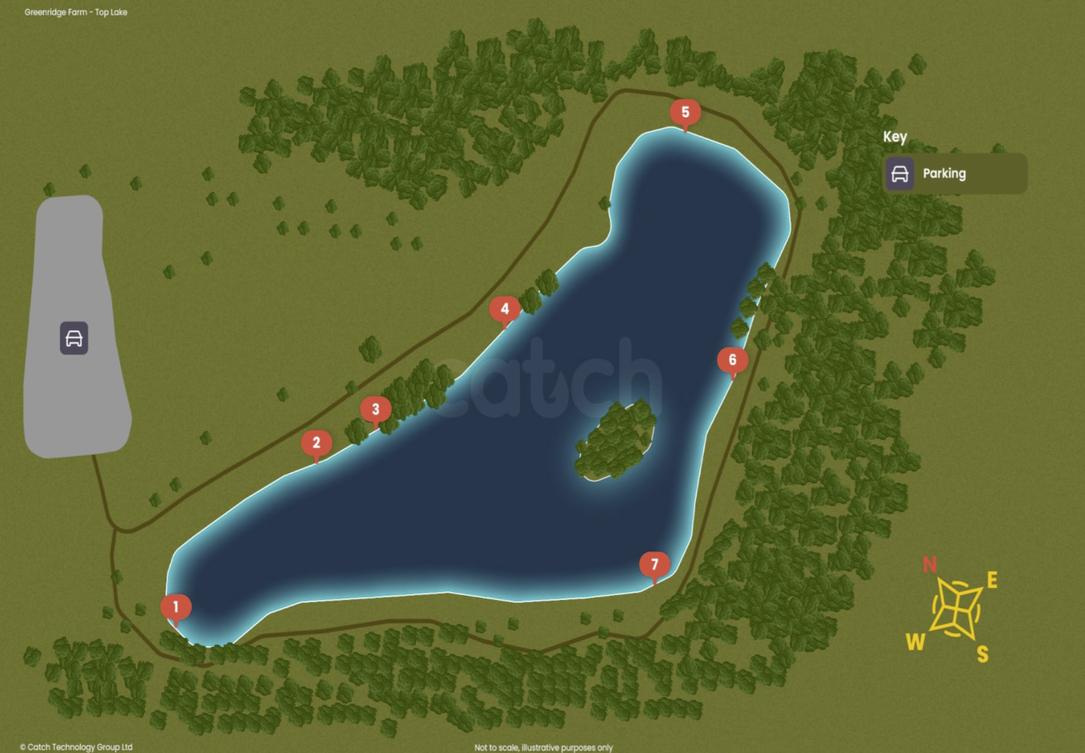 Map of Greenridge Farm's Top Lake, showing the lake's shape, surrounding trees, paths, numbered points, and a parking area. Key provided for parking symbol.