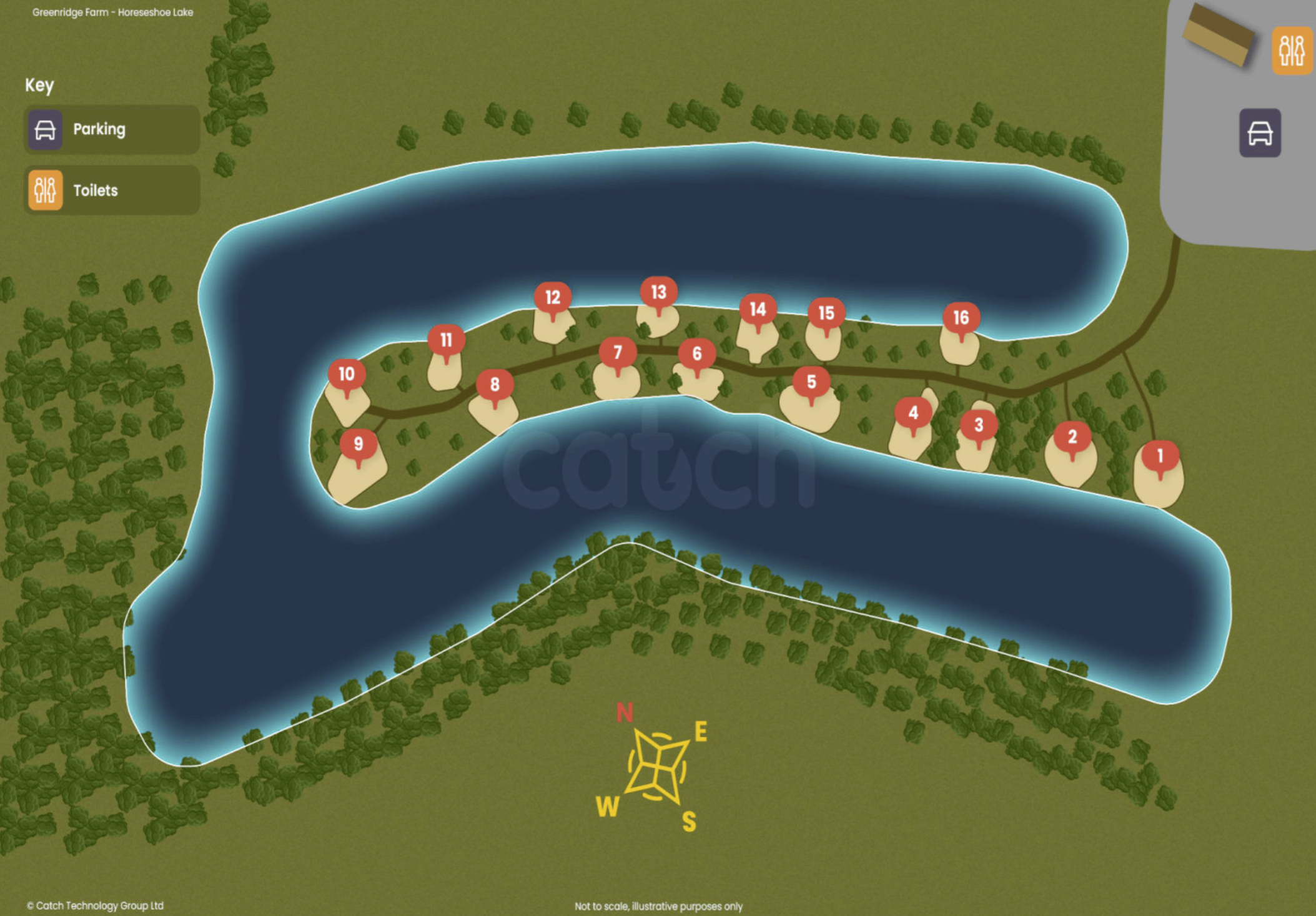 Illustrated map of Greenridge Farm at Horseshoe Lake showing numbered islands, water surrounding them, trees, and marked areas for parking and toilets. Key symbols indicate parking and toilet locations, with a compass rose for orientation.