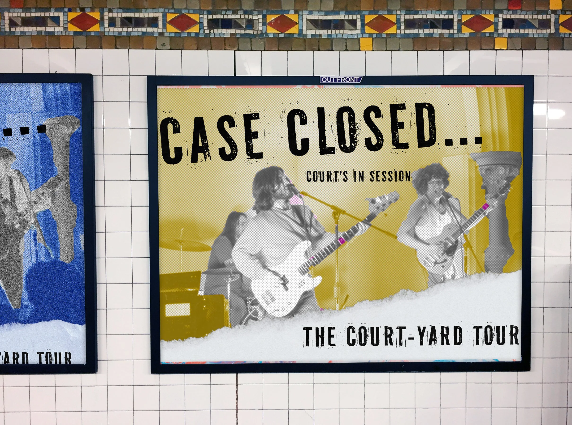 Sign in a subway station indicating the case is closed and the court is in session, featuring a band performing with guitars.