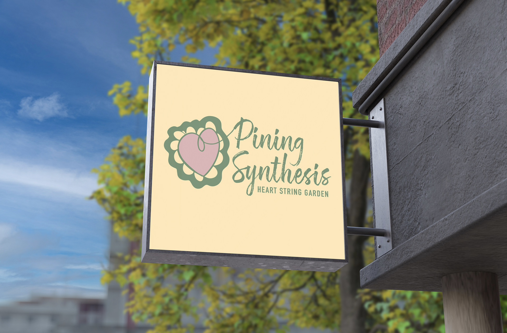 Signboard displaying the logo and text for Pining Synthesis Heart String Garden, with a pink heart ornament and green decorative elements, outdoors with trees and a blue sky in the background.