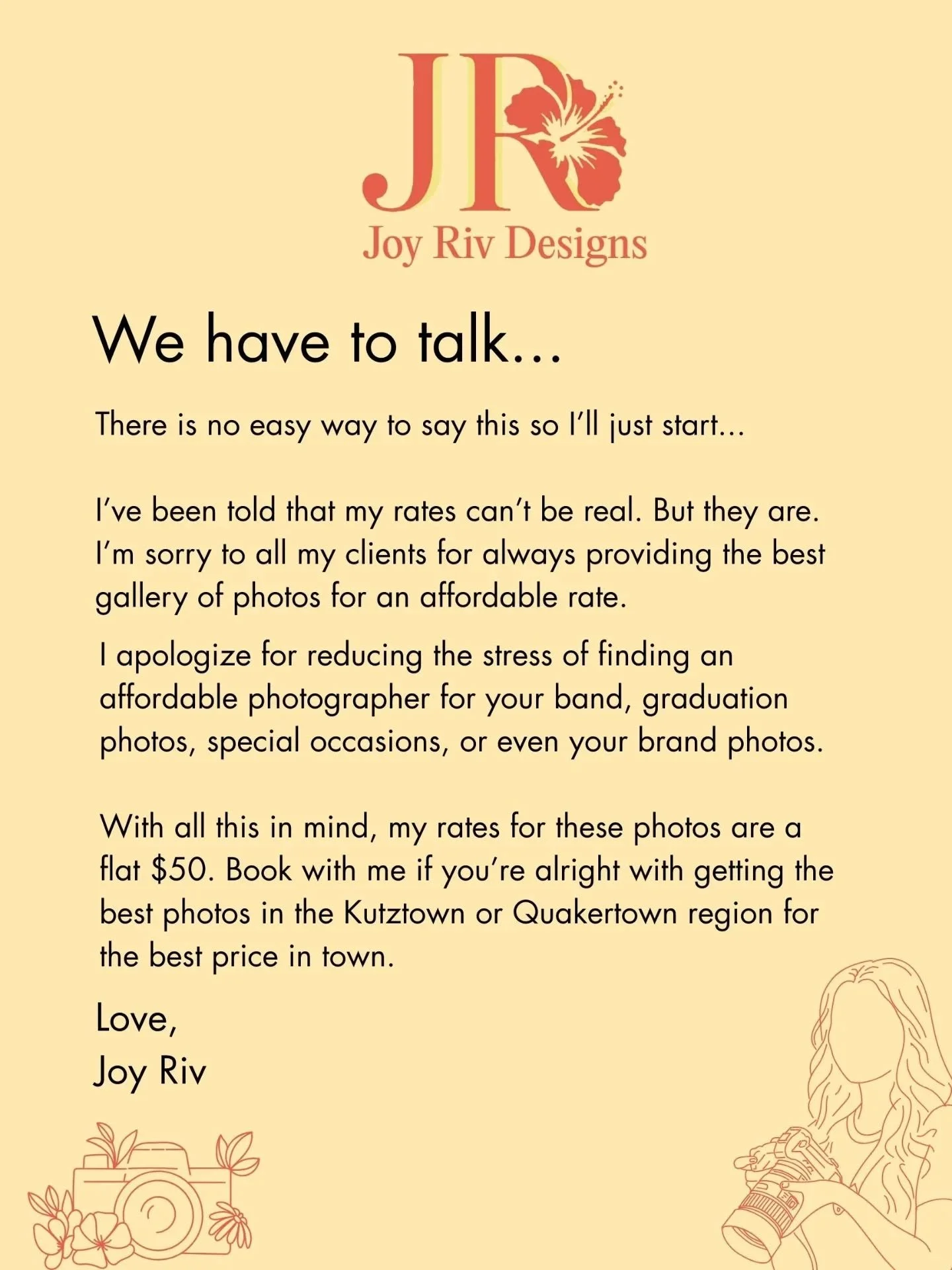 Need gig photos, senior/grad photos, a couple session, or even photos for your brand?

That's right: I'm looking for photography clients for the upcoming Spring semester and my services are just a flat fifty bucks! DM me to book now!

#freelancephoto