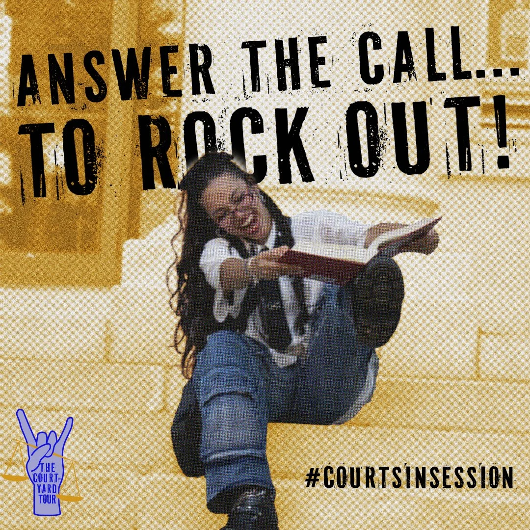 A person with long dark hair, glasses, and a white shirt sitting on the ground, smiling and pointing a book toward the camera. Behind her is a large yellow wall with black text that reads 'ANSWER THE CALL... TO ROCK OUT!' and a logo that says 'The Courtyard Tour' with a blue hand making a rock sign. The hashtag '#COURTSINSESSION' is at the bottom right.
