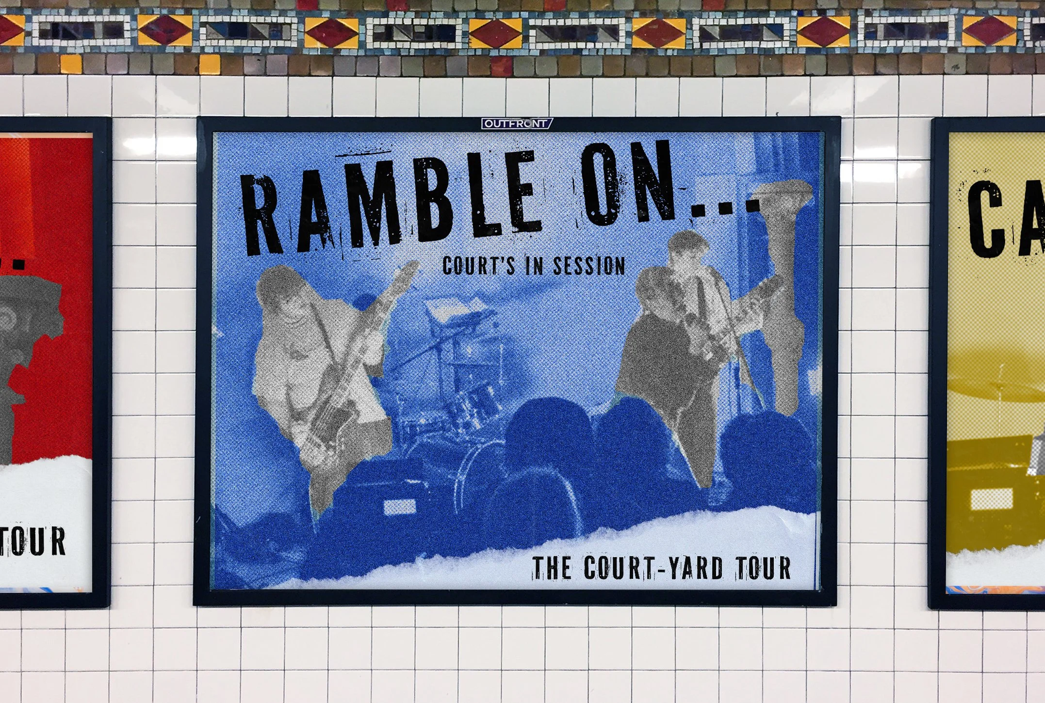 A promotional poster for a music tour titled 'Rambling On... Court's in Session' featuring a band performing on stage with guitar and drums, and text indicating the 'Court-Yard Tour'.