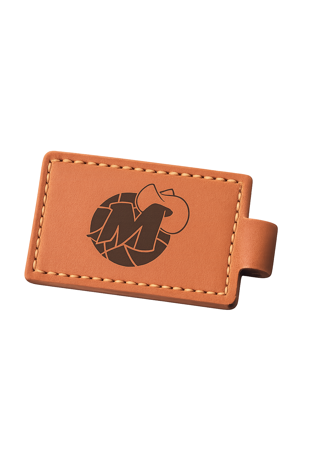 Live onsite personalization of brown luggage tag at a basketball event in Dallas Texas