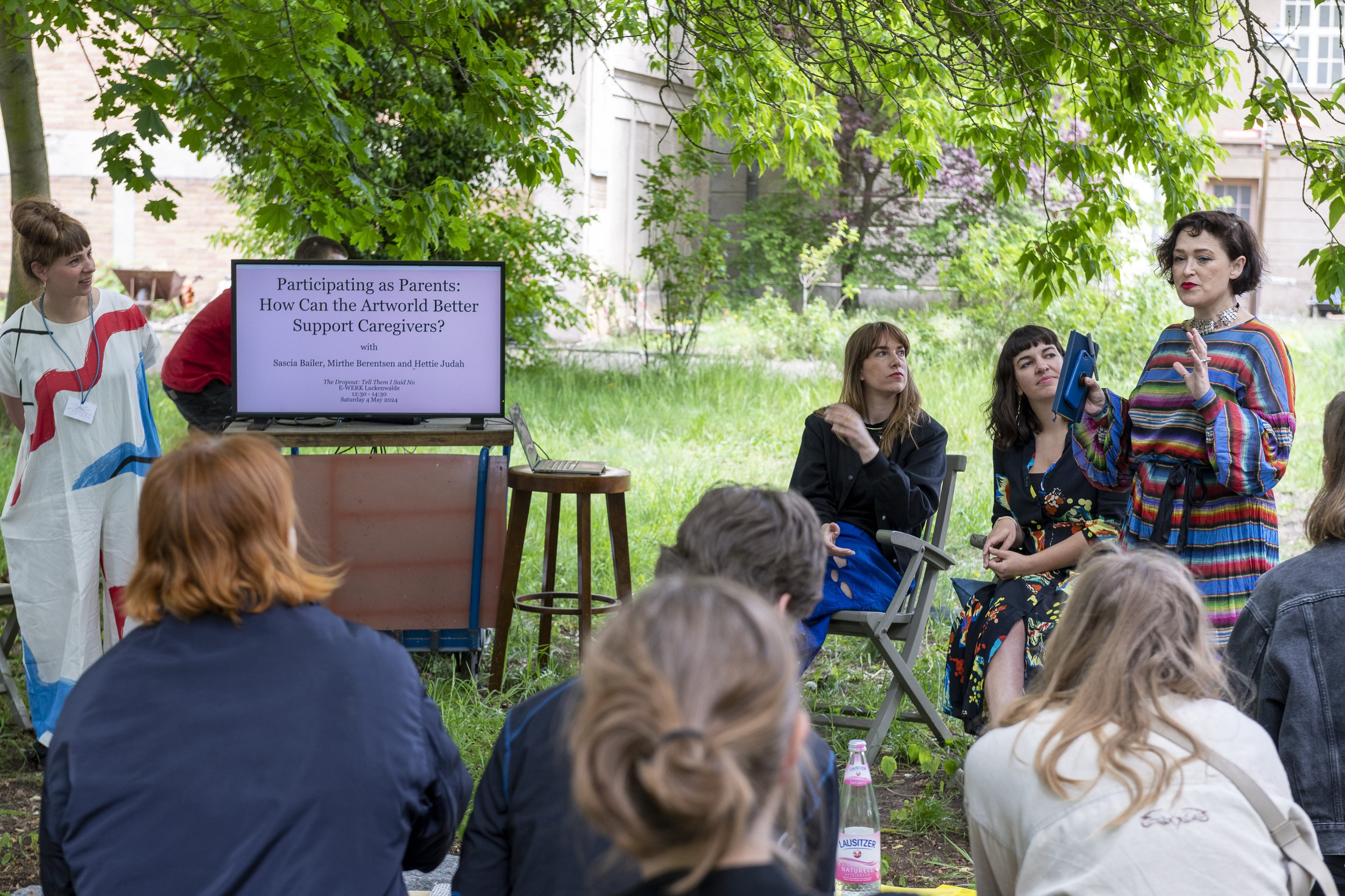 Participating as Parents,  Hettie Judah, Mirthe Berentsen &amp; Sascia Bailer, 2024, E-WERK Luckenwalde, part of The Drop Out: Tell them I said No, Photo by Stefan Korte.