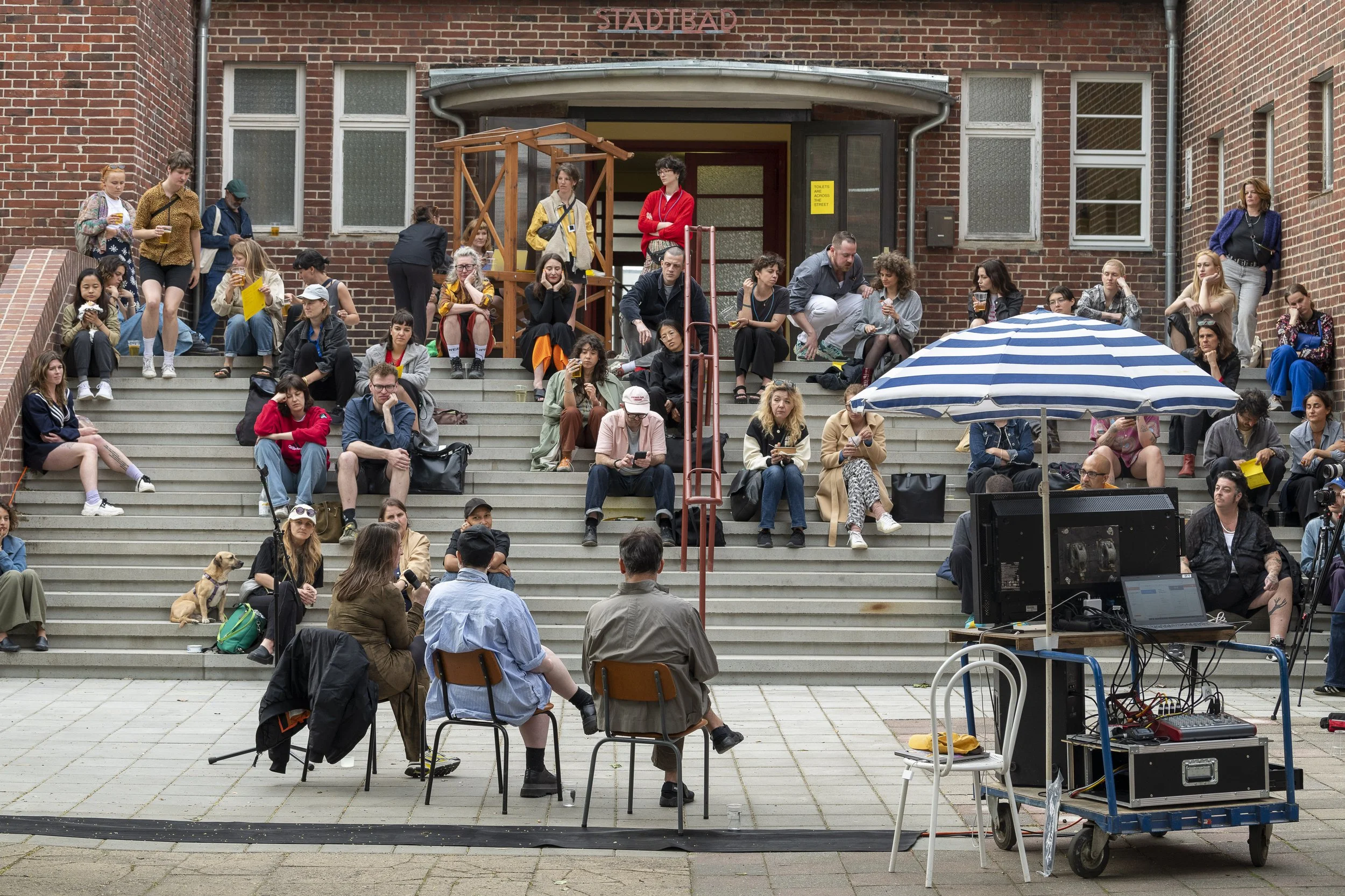 Tell Me What You Want, What You Really Really Want, with Melanie Jame Wolf, Florence Peake, Abbas Zahedi &amp; Fatoş Üstek, 2024, E-WERK Luckenwalde. Photo: Stefan Korte.