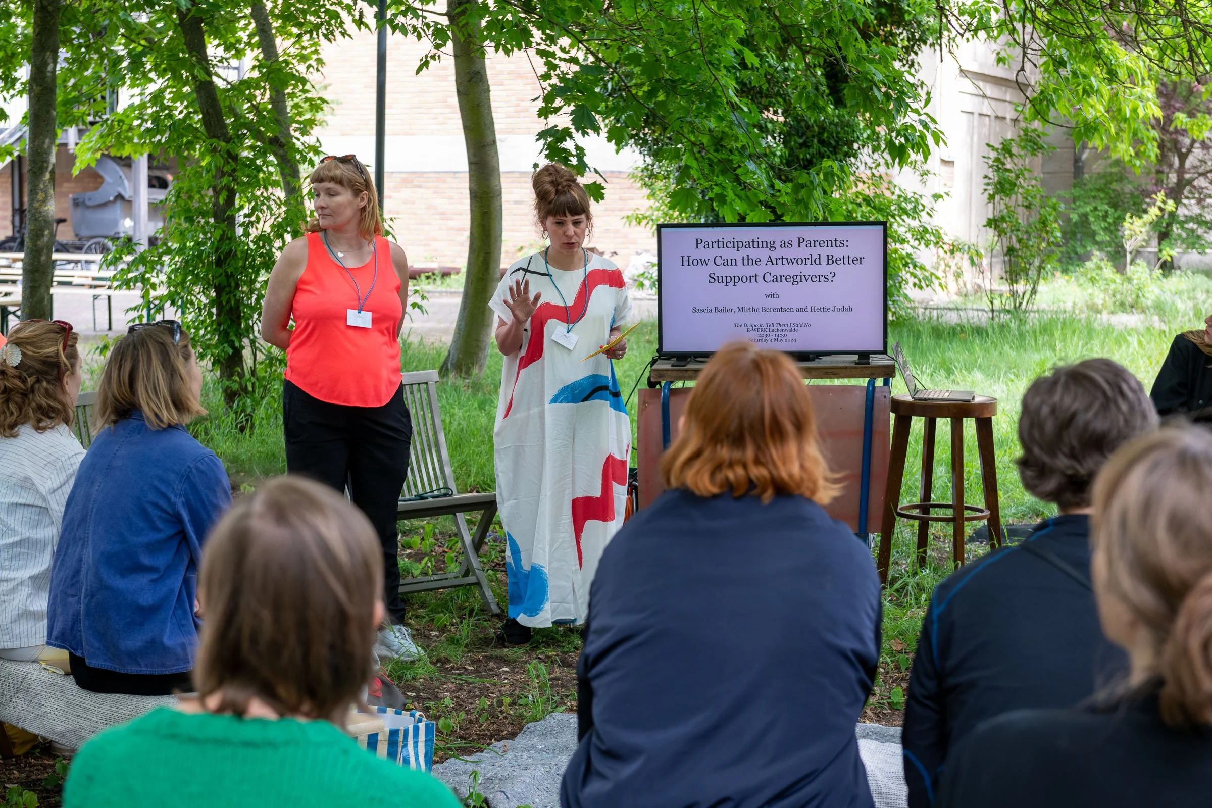 Participating as Parents,  Hettie Judah, Mirthe Berentsen &amp; Sascia Bailer, 2024, E-WERK Luckenwalde, part of The Drop Out: Tell them I said No, Photo by Stefan Korte.