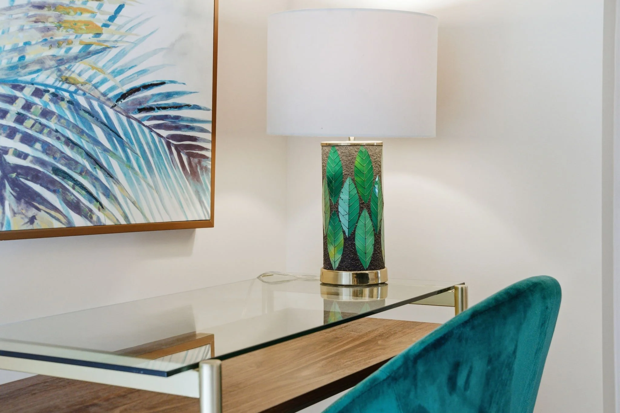 Stay productive in our sun-drenched home office. Featuring high-speed Wi-Fi (AT&T fiber) area, a sleek glass desk, and a velvet chair, this setup is designed for digital nomads and RTP business travelers needing a functional remote work environment.