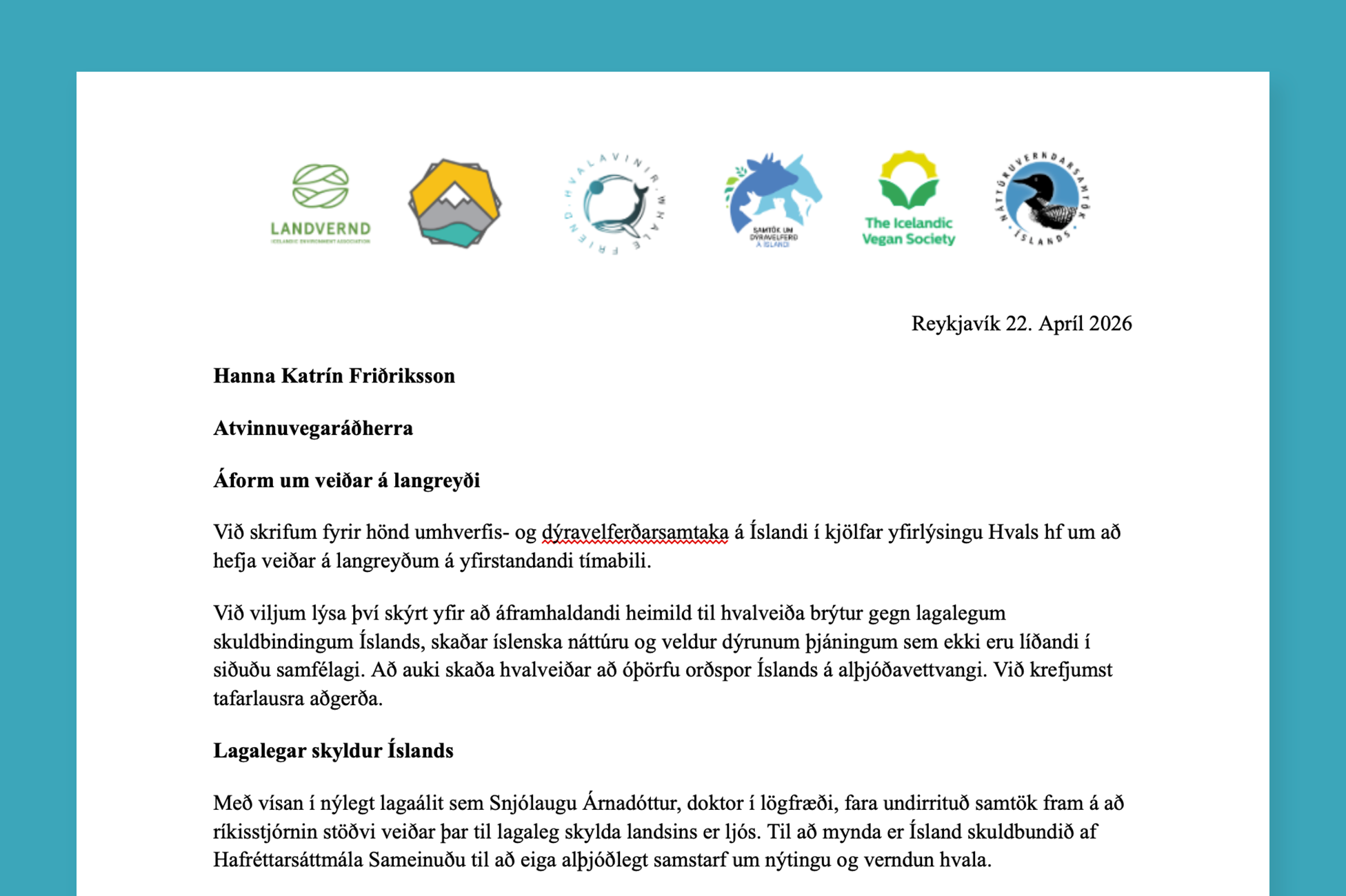 Áform um hvalveiðar í sumar - Bréf til atvinnuvegaráðherra