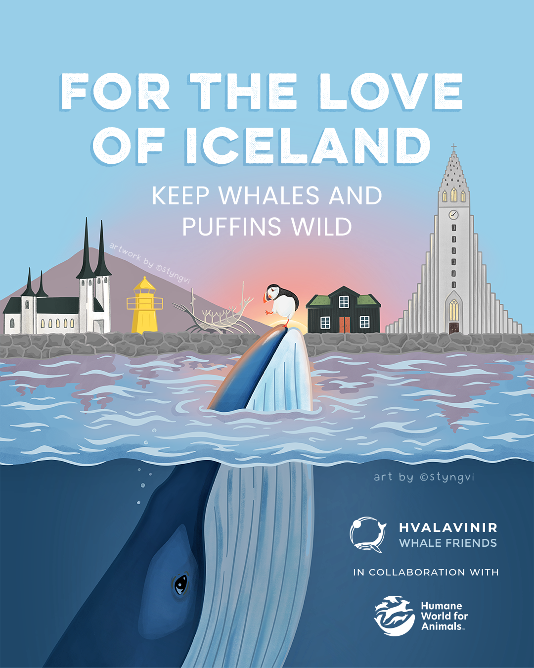 An illustration of an Icelandic wildlife landscape, with a finwhale peeking out of the ocean and a puffin landing on the top of the whale's mouth.