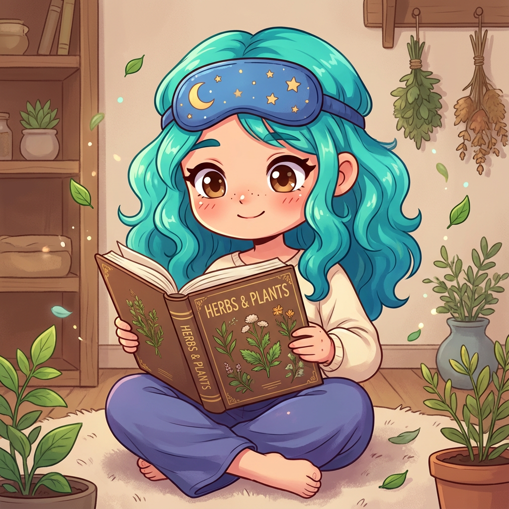 Une fille avec des cheveux turquoises, portant un bandeau avec des étoiles et la lune, qui lit un livre intitulé 'Herbs & Plants' dans un intérieur décoré de plantes et d'herbes suspendues.