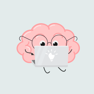 Un cerveau cartoon portant des lunettes, utilisant un ordinateur portable.