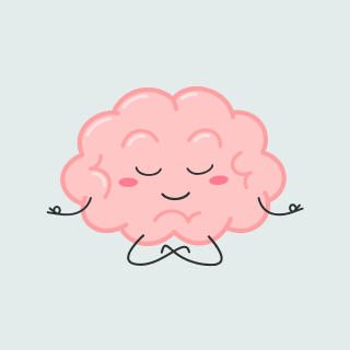 Cerveau de dessin animé rose, souriant, en méditation avec les mains croisés.