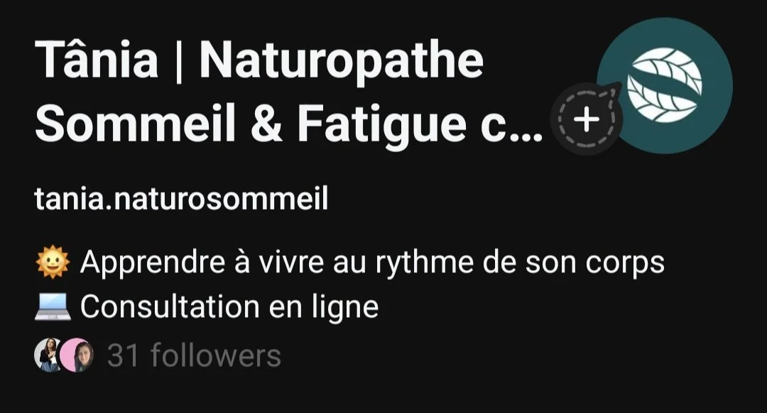 Profil d'une praticienne en naturopathie, spécialisée en sommeil et fatigue, avec son nom 'Tânia | Naturopathe', texte sur les consultations en ligne, et un nombre de followers, 31.