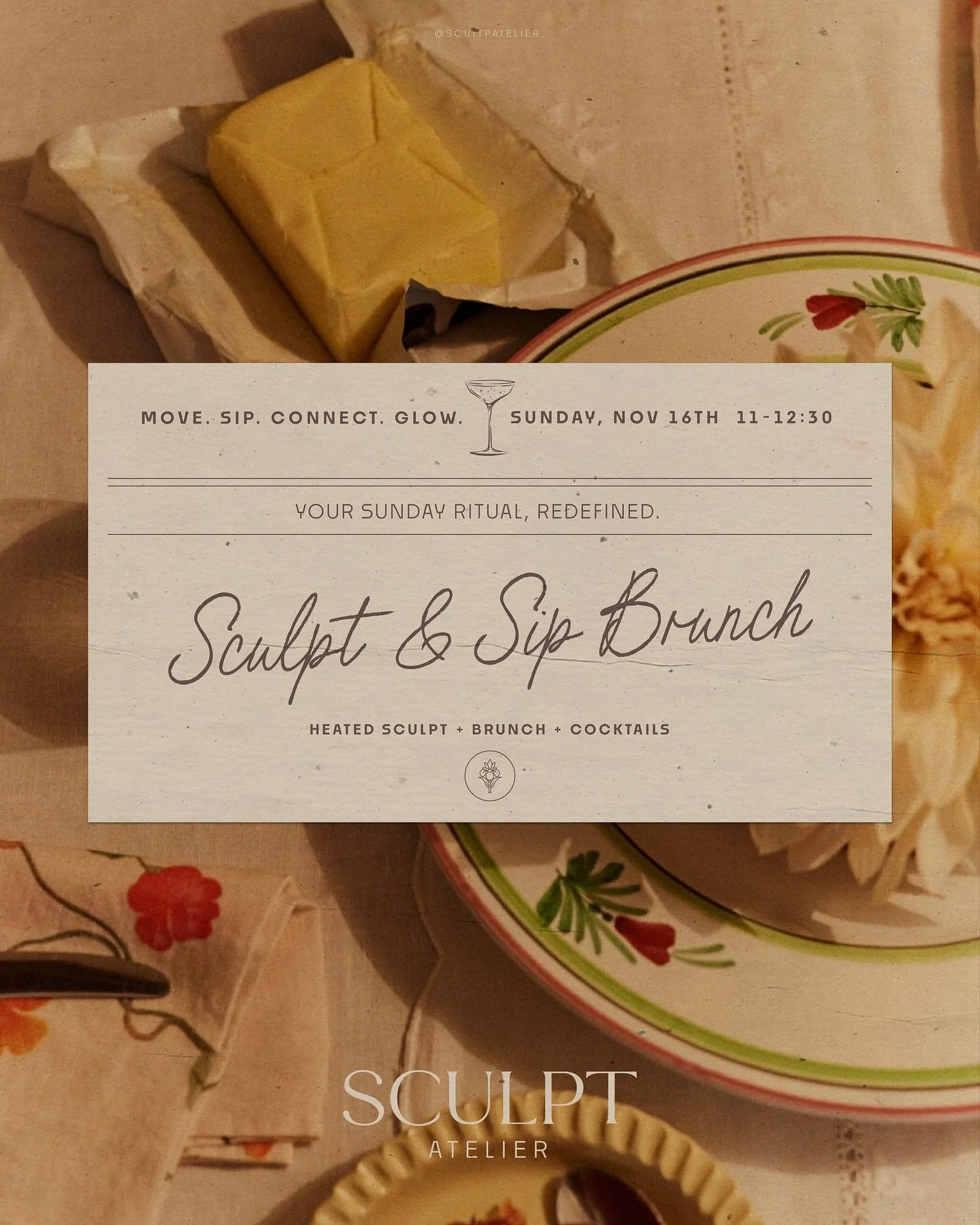 Sculpt & Sip Brunch ✨ tickets go live this Sunday. 
Your Sunday ritual, redefined — Sculpt, sip, and brunch in style.
Join us on Sunday, November 16th for a 50-minute Heated Sculpt class, followed by beautifully curated Graze Board by @the