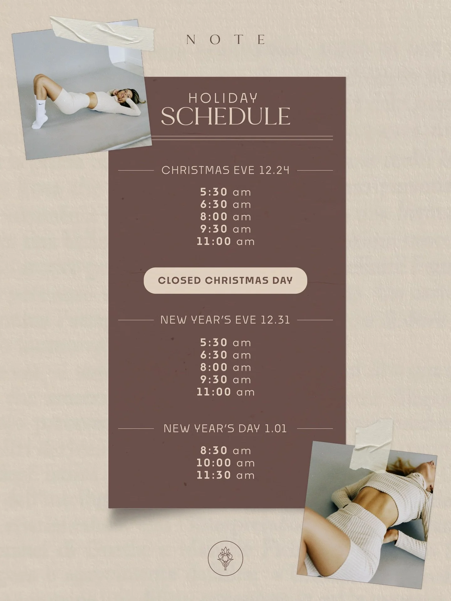 Don&rsquo;t forget to take care of yourself during all the craziness 🤍

Holiday schedule is here so you can plan ahead!