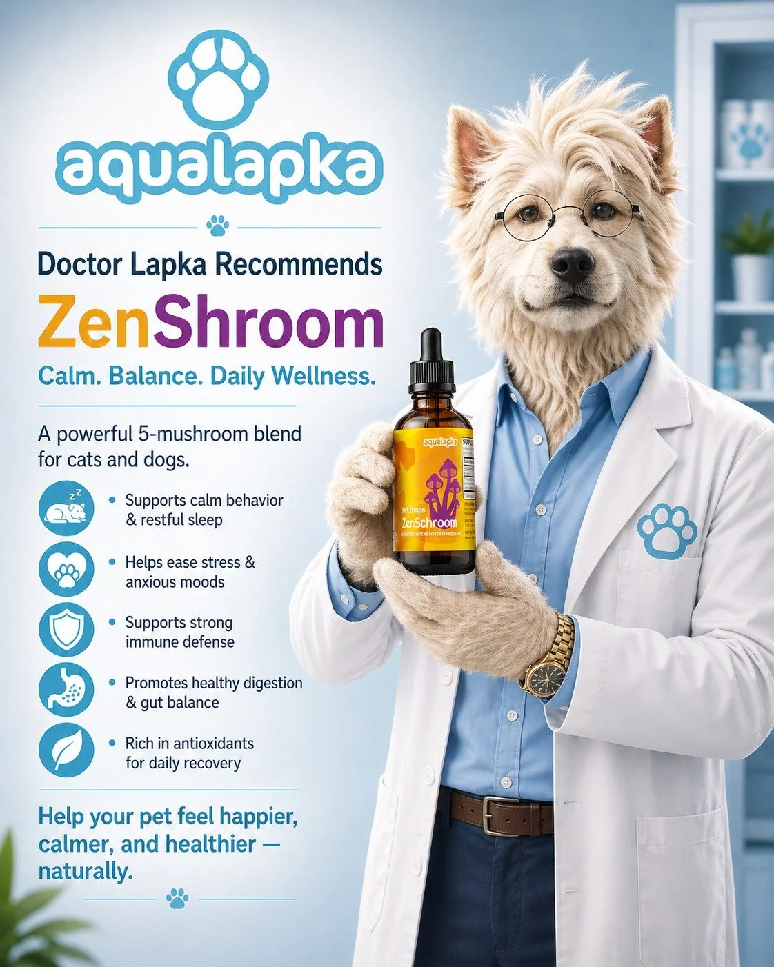 🌿✨ Doctor Lapka Recommends: Aqualapka ZenShroom Calm. Balance. Daily Wellness for Your Beloved Pets. ✨🌿

As a trusted veterinarian, Doctor Lapka knows the power of nature. Our premium 5-mushroom blend is thoughtfully crafted to support your cats an