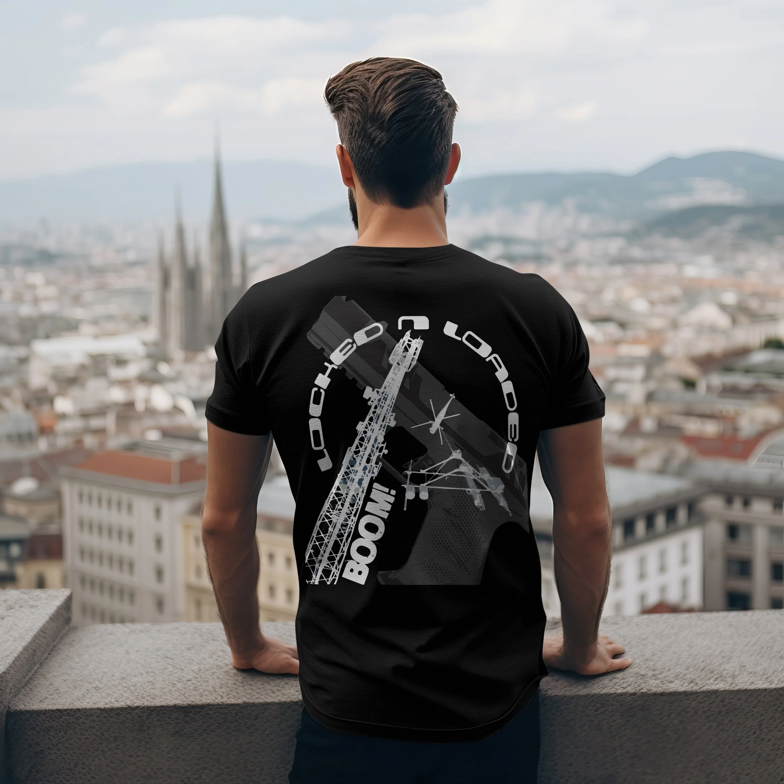 Man with brown hair in a black T-shirt looking over a city skyline from a rooftop