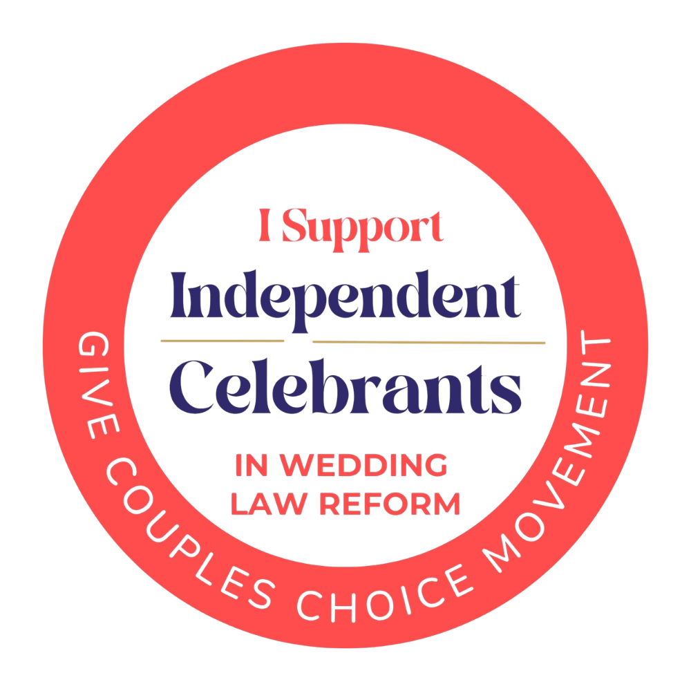 The badge for the Give Couples Choice Movement says "I support independent celebrants in wedding law reform"