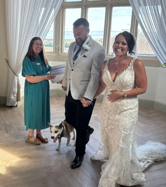 Kate with Couple and Family Dog at the End of a Ceremony