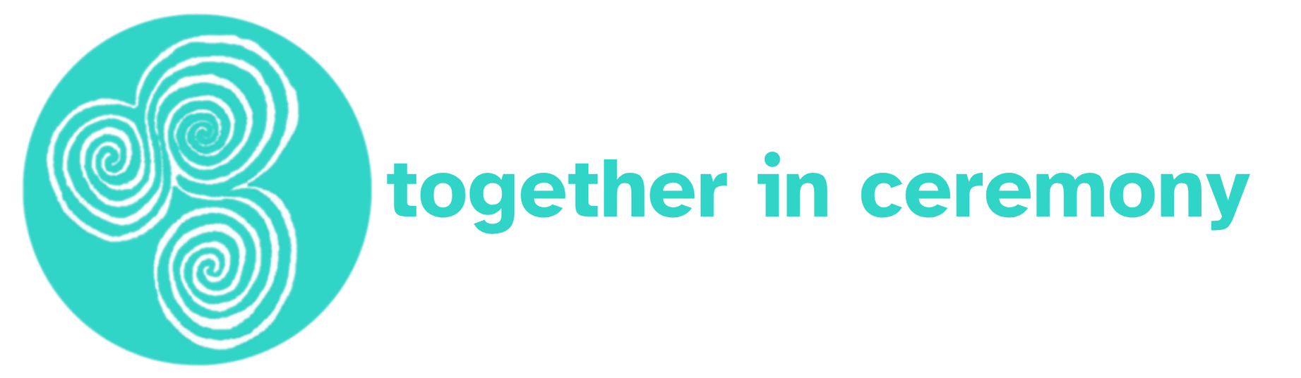 Kate's logo has a turquoise circle with the tri spiral image inside. Outside the circle the phrase together in ceremony is in turquoise lettering.