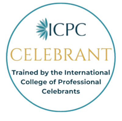 This badge has the logo of the International College of Professional Celebrants text saying ICPC Celebrant, Trained by the International College of Professional Celebrants