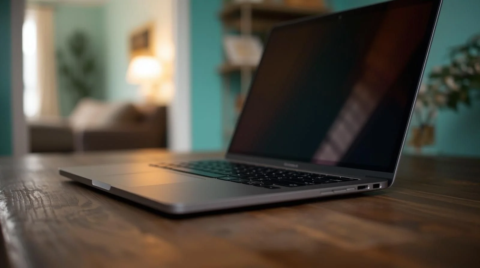 A laptop sits on a dark wooden table in a home setting.  In the background a sofa and lamp are partially visible.