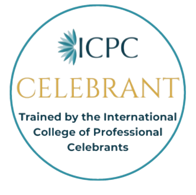 This badge has the logo of the International College of Professional Celebrants text saying ICPC Celebrant, Trained by the International College of Professional Celebrants